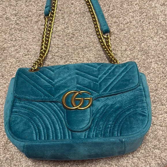 Gucci Teal Blue and Gold chain design Shoulder Bag Chevron Quilting Like new! - Picture 1 of 16